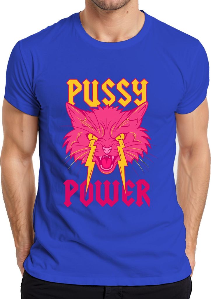 Pussy Power Frauenpower Katze Blitz Neon Punk Retro Feminismus Herren T-Shirt, Blau, L