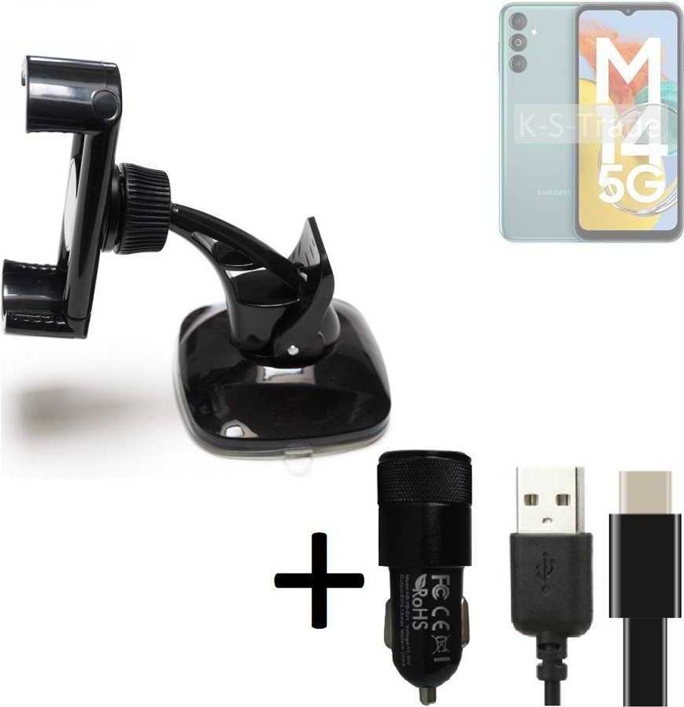 K-S-Trade Handy-Halterung kompatibel mit Samsung Galaxi M14 5G Windschutzscheibe / Armaturenbrett + LADEGERÄT mit Mico USB Kabel Autohalterung