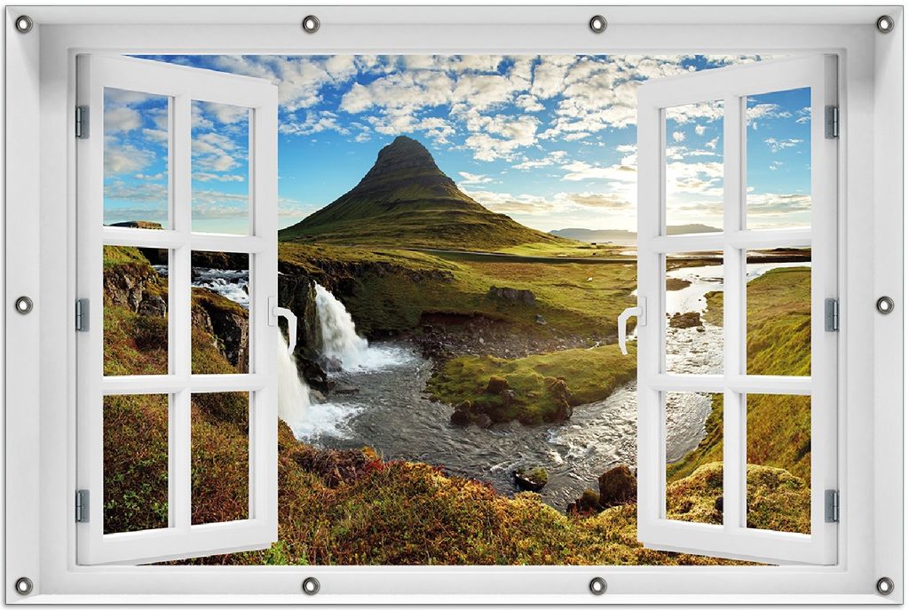 Wallario Outdoor-Poster für Garten oder Balkon 100 x 150 cm: Island Panorama Fluss Berge und blauer Himmel