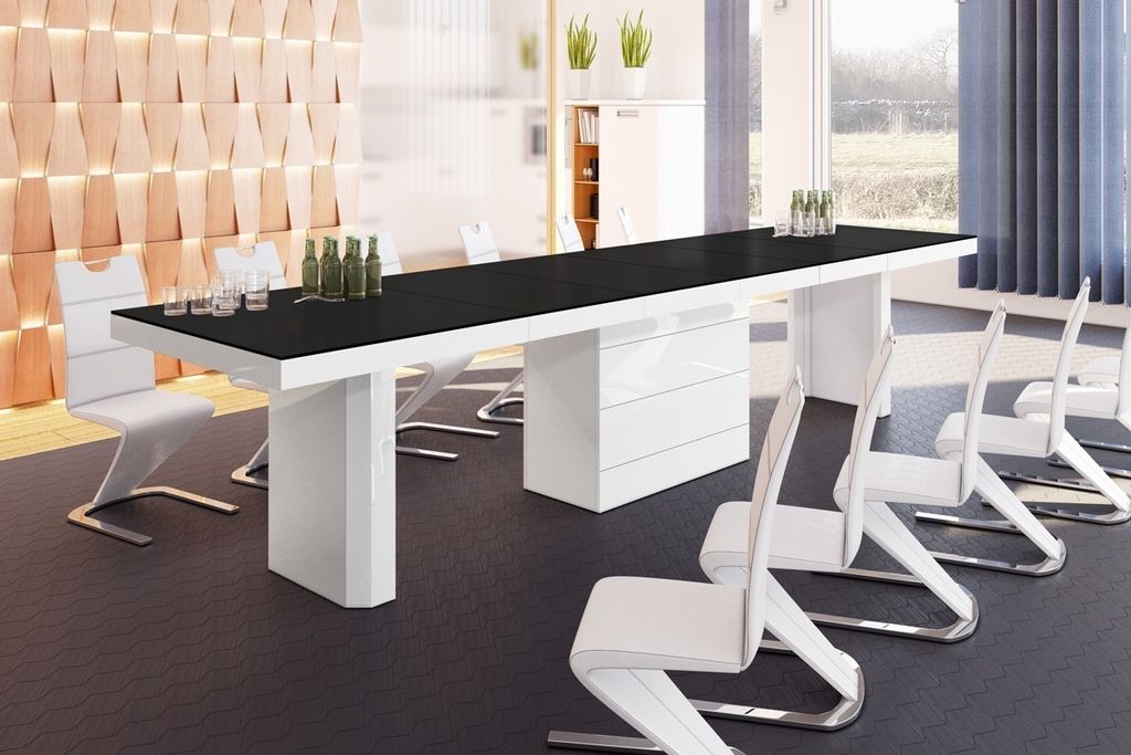 Design Esstisch Tisch HE-444 Schwarz MATT / Weiß HOCHGLANZ KOMBINATION XXL ausziehbar 160 bis 412 cm