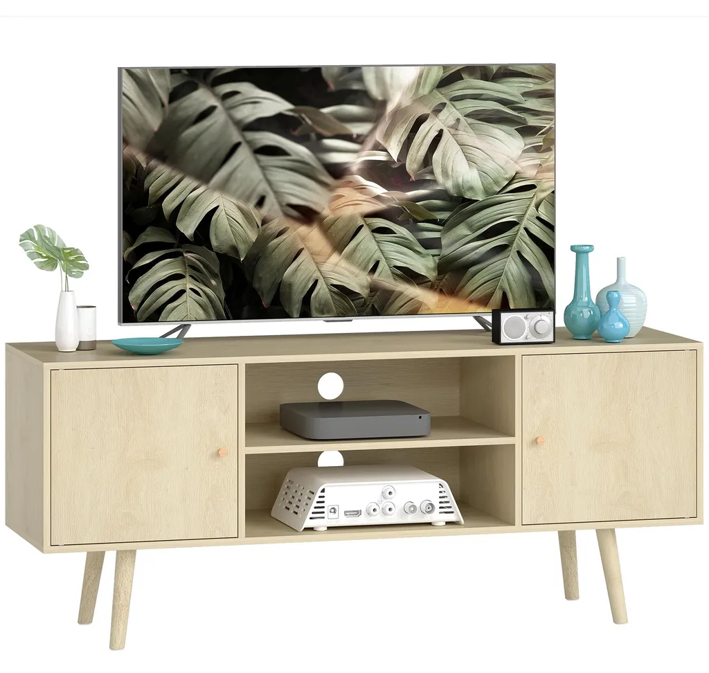 Banc TV scandinave en bois clair 120cm avec niches et placards bas