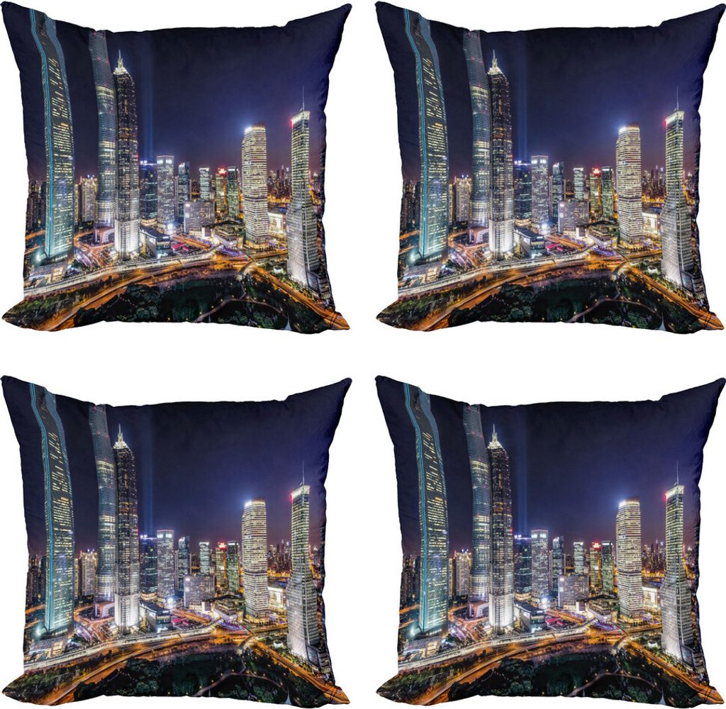 ABAKUHAUS Städtisch Kissenbezug Set (4 Stück), Skyline der modernen Stadt, Moderner Doppelseitiger Digitaldruck, 50 cm x 50 cm, Mehrfarbig