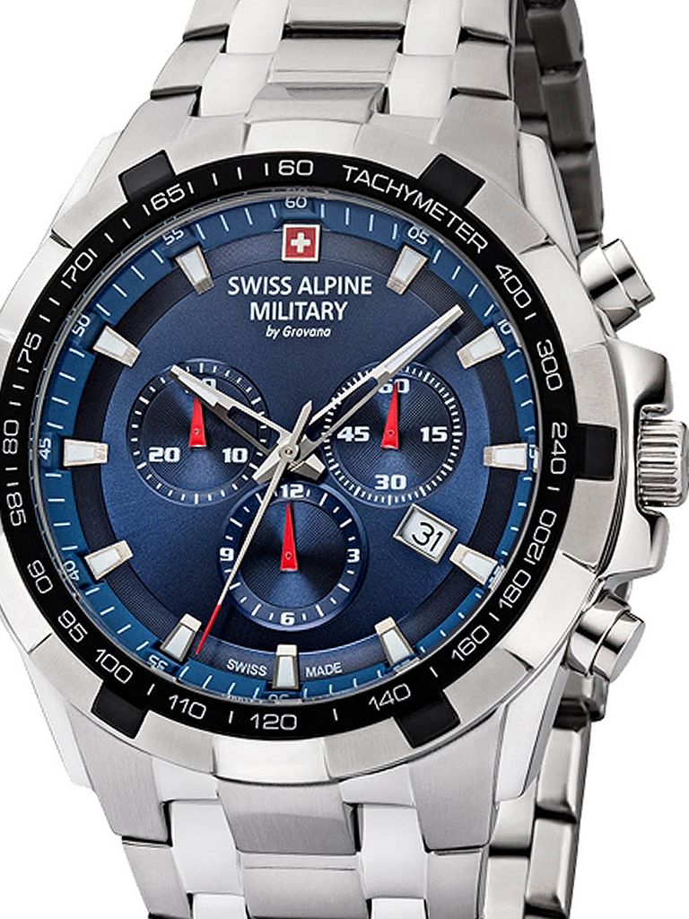 A close-up studio shot of a Swiss Alpine Military chronograph watch with a blue dial.