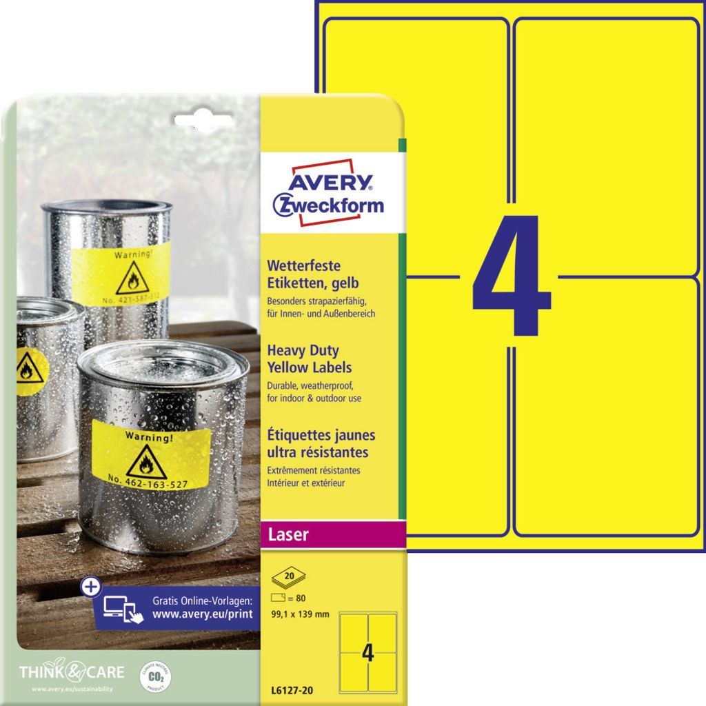 Avery Zweckform L6127-20 Wetterfeste Folien-Etiketten, 99,1 x 139 mm, 20 Bogen/80 Etiketten, gelb