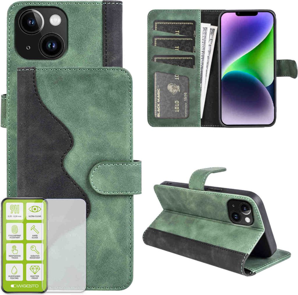 Für Apple iPhone 15 Design Handy Tasche Grün Etuis Kunst-Leder Hülle Case + H9 Hart Glas