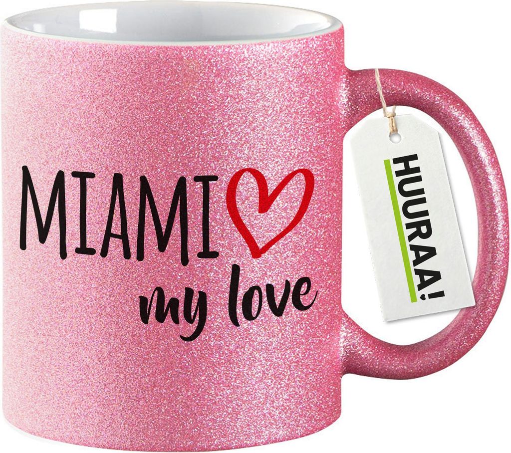 Huuraa Glitzertasse Miami my love 330ml Pink Keramik Kaffeebecher Geschenkidee