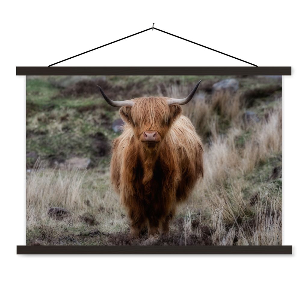 MuchoWow Textilposter Schottischer Hochländer - Moos - Gras 120x80 cm mit schwarzem Rahmen - Wanddeko