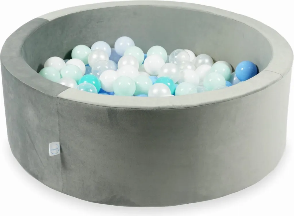 Aire de jeux piscine à balles enfant 90x30 cm en velours gris et bleu