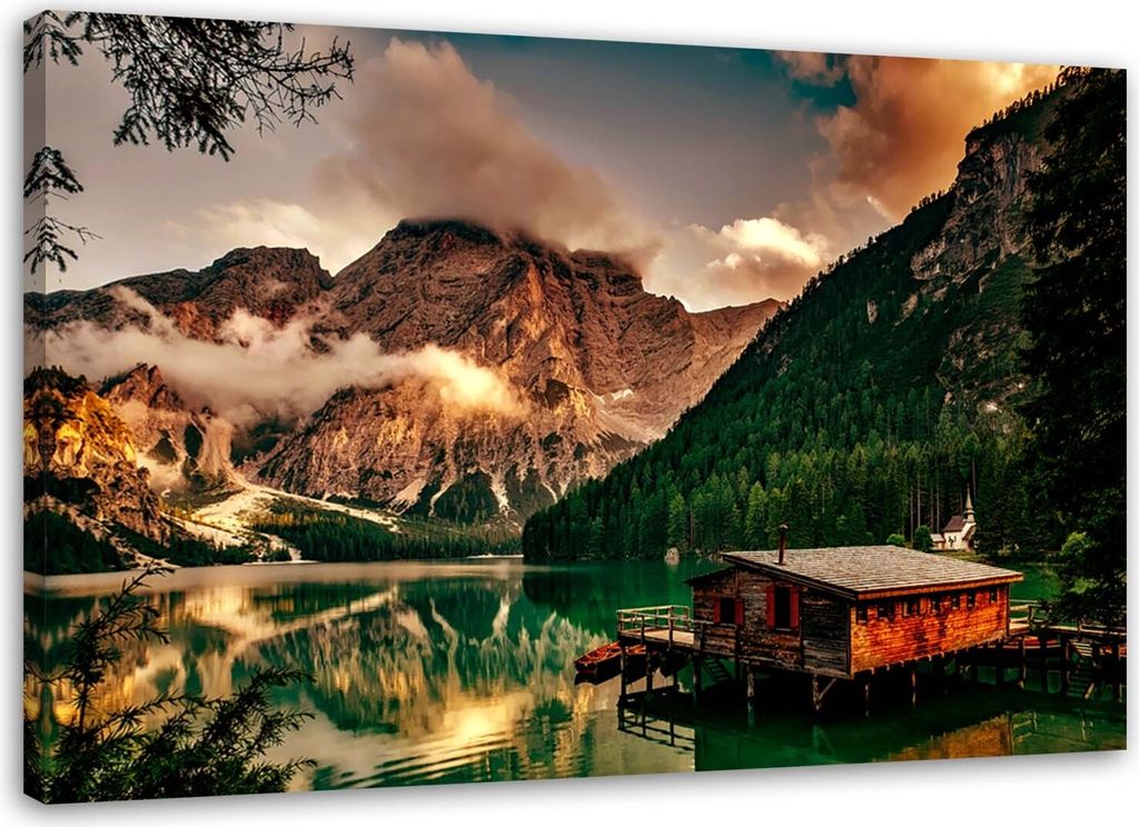 Leinwandbild haus am bergsee 100x70 cm Feeby grün wandbild bereit zum aufhängen