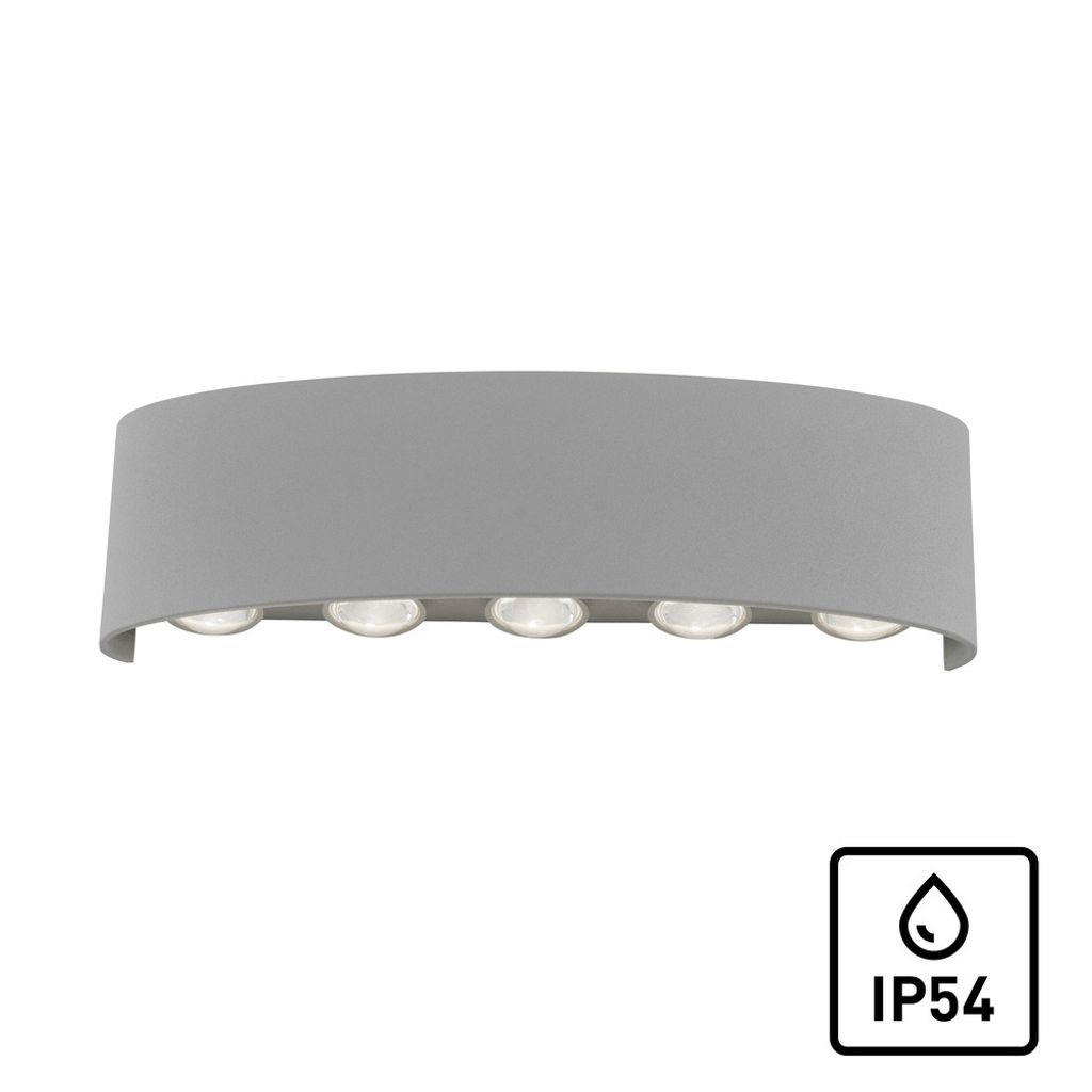 A gray curved LED outdoor wall lamp with five lights, shown against a white background. An IP54 rating symbol is in the bottom right corner.