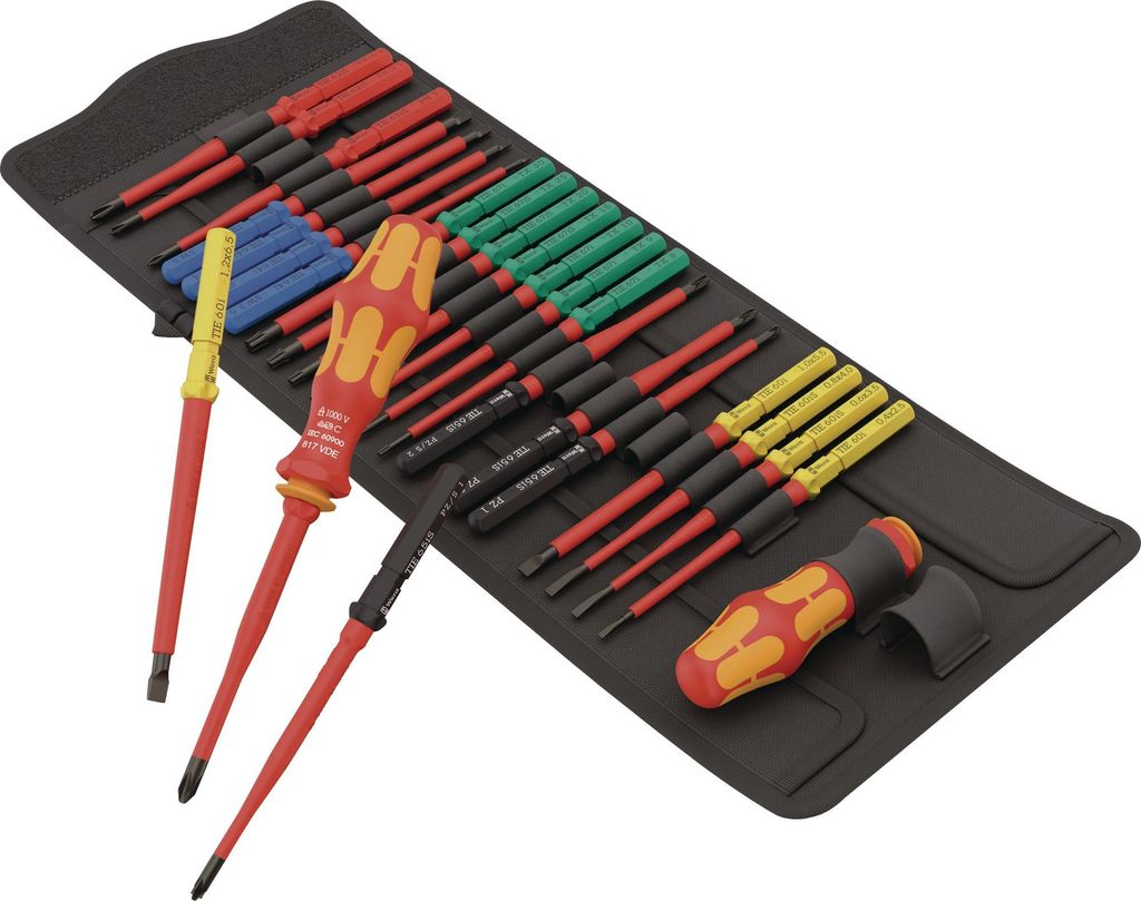A set of screwdrivers laid out in a black carrying case.