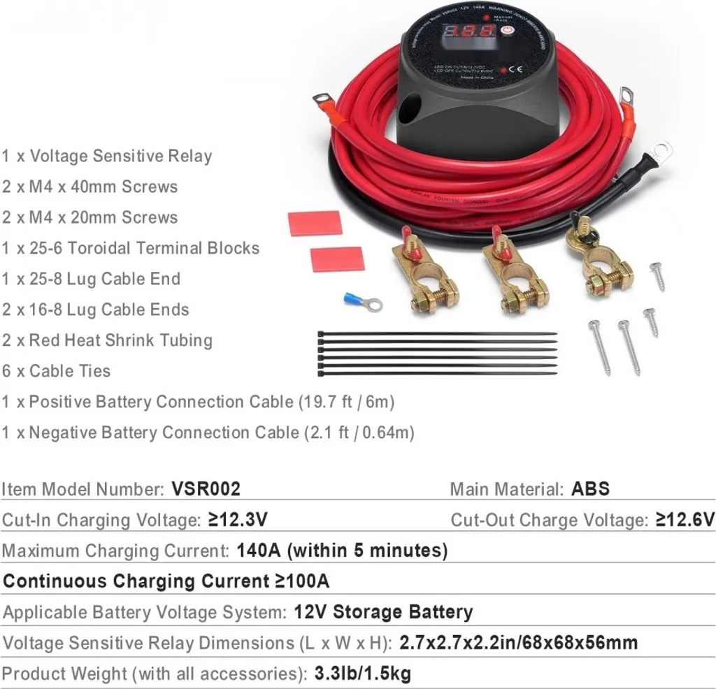 VEVOR RELÈ DI separazione doppia batteria 12V 140A kit di ricarica split 6+1m cavo batteria EUR