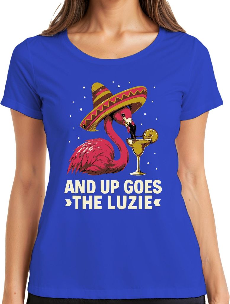 Flamingo Sombrero Margarita Up Goes the Luzie Fiesta Cocktail Party Damen T-Shirt, Blau, S