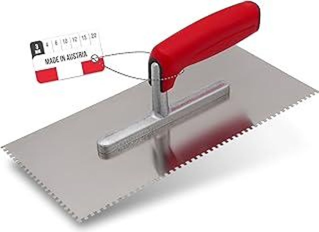 Zahnkelle aus Edelstahl 3 mm - Glättekelle gezahnt Rostfrei - Zahnspachtel mit Softgriff - Traufel Hergestellt in Österreich 280x130mm (3x3mm)