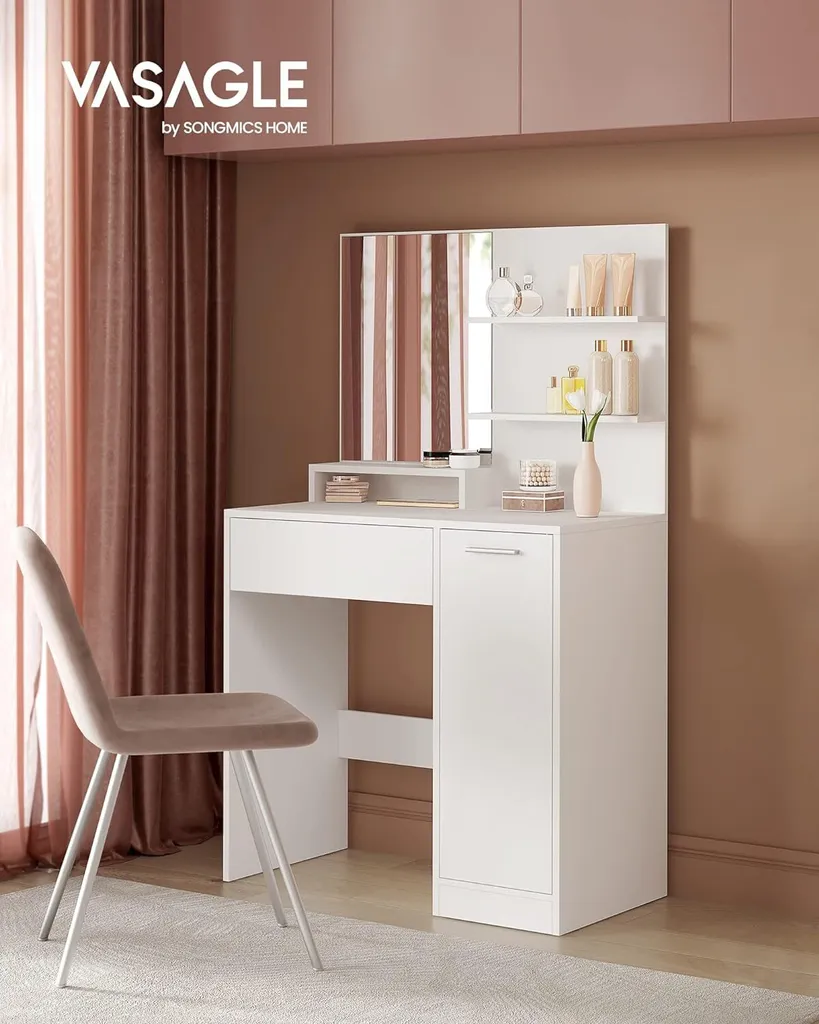 VASAGLE Coiffeuse avec Miroir Blanc, 1 Tiroir et 2 Étagères - Modèle RDT