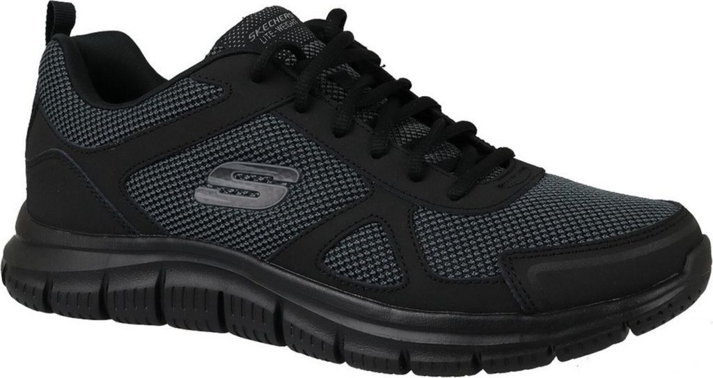 A single black Skechers sneaker is shown from a side angle against a white background.