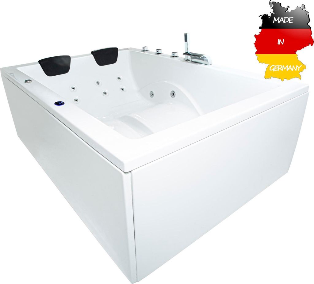 Basera BASIC Indoor Whirlpool Badewanne XXL Wave 180 x 130 cm für 2 Personen mit 16 Massagedüsen, Wasserfall, LED-Ambiente