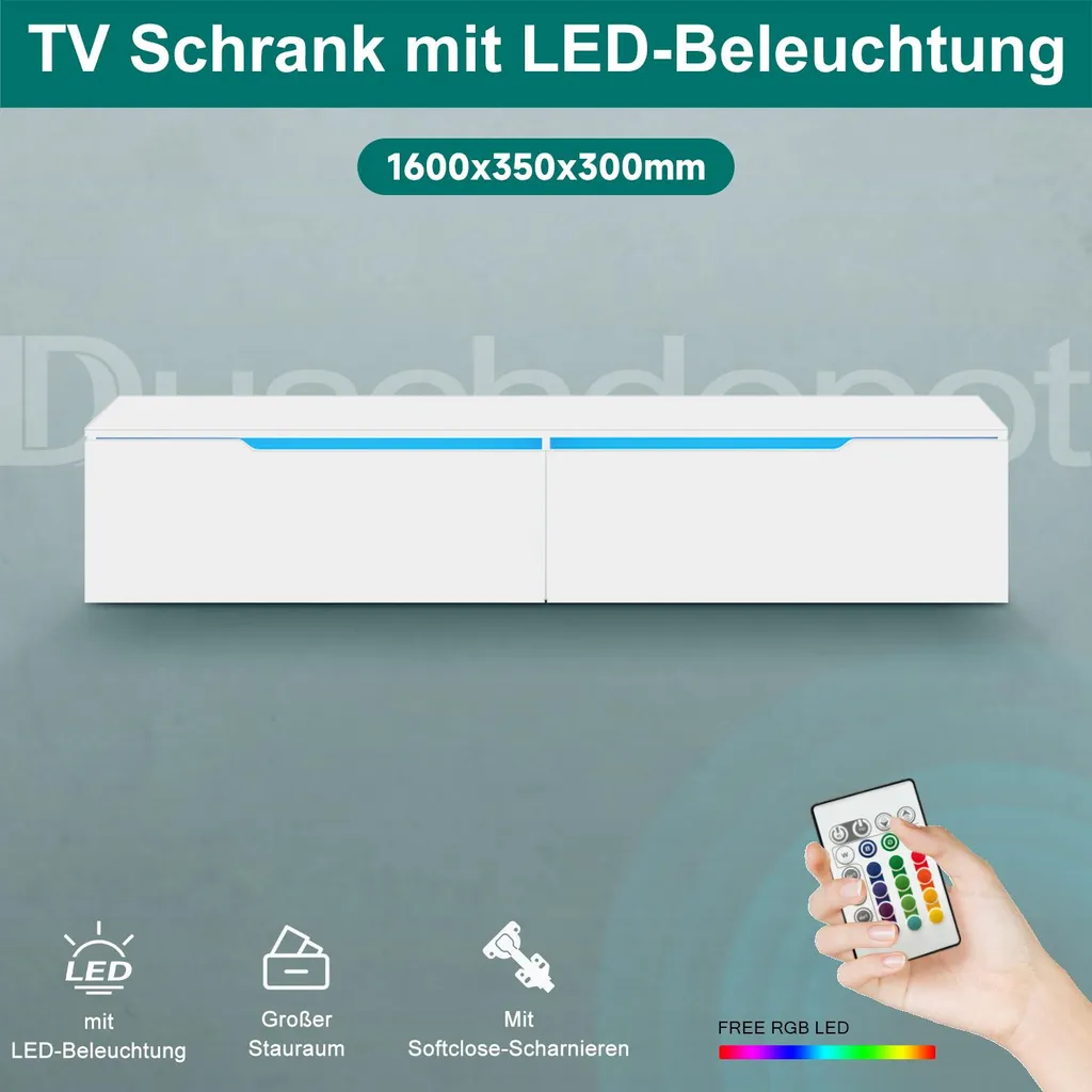 Meuble TV Suspendu Blanc Brillant LED SONNI 160 cm - Rangement Mural - 8