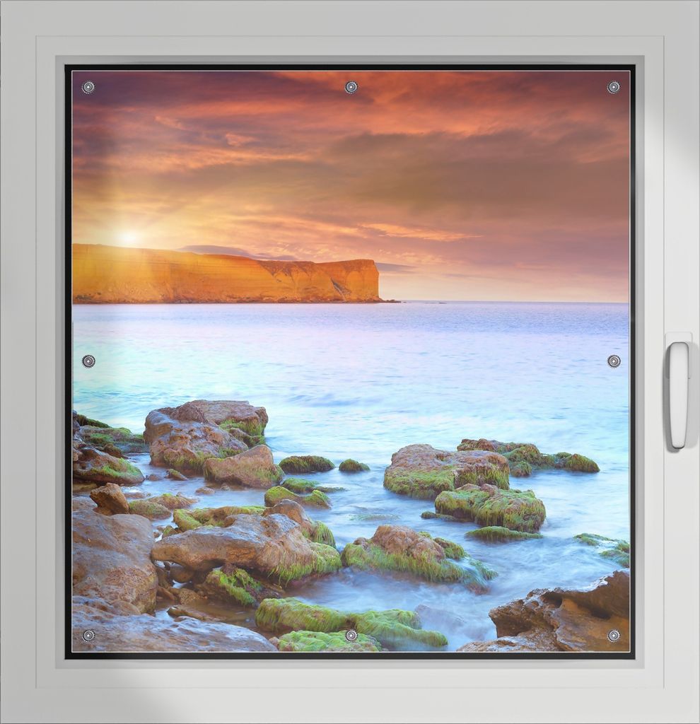 Wallario Lichtschutzbild, Dekorativer Sichtschutz Sonnenschutz 96 x 93 cm mit Motiv: Sonnenaufgang am Meer mit Landzunge und Felsen im Wasser - Ver...