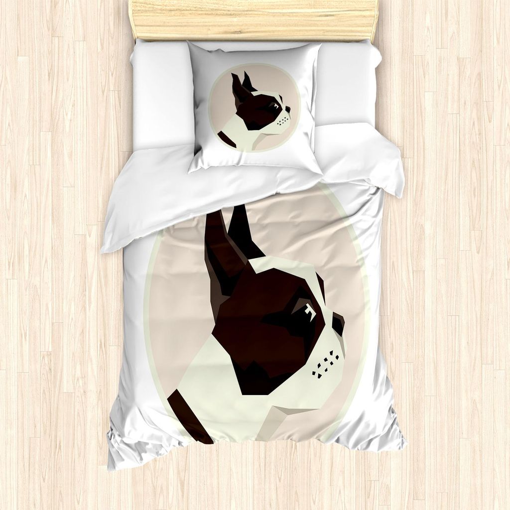 ABAKUHAUS Boston Terrier Bettbezug Set, Weiches Farbgeometrisches Design einer Puppy Circular Gerahmte Form, 135 x 200 cm + 80 x 80 cm, Dunkelbraun...