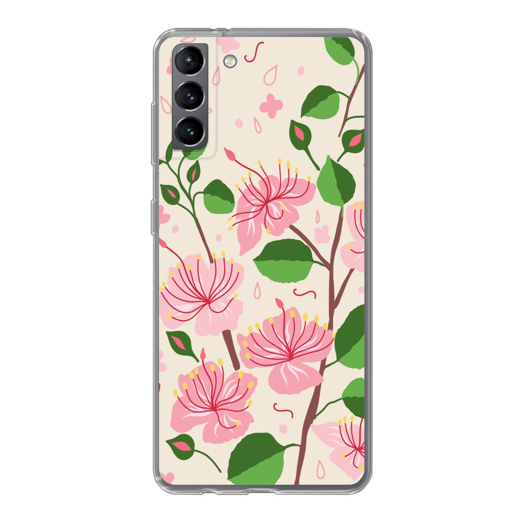 MuchoWow Handyhülle Schutzhülle Hülle für Samsung Galaxy S21 Plus Blume - Rosa - Blatt - Muster Silikon Softcase Handy Hülle - Handy-Tasche