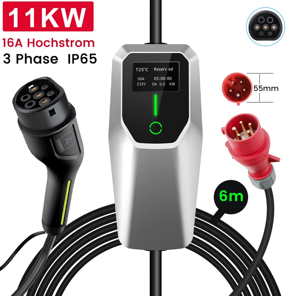 Charging cable 6-16A EVSE EU EV Ladekabel Type2 tragbares Ladegerät Box 11KW ev Ladegerät 6m