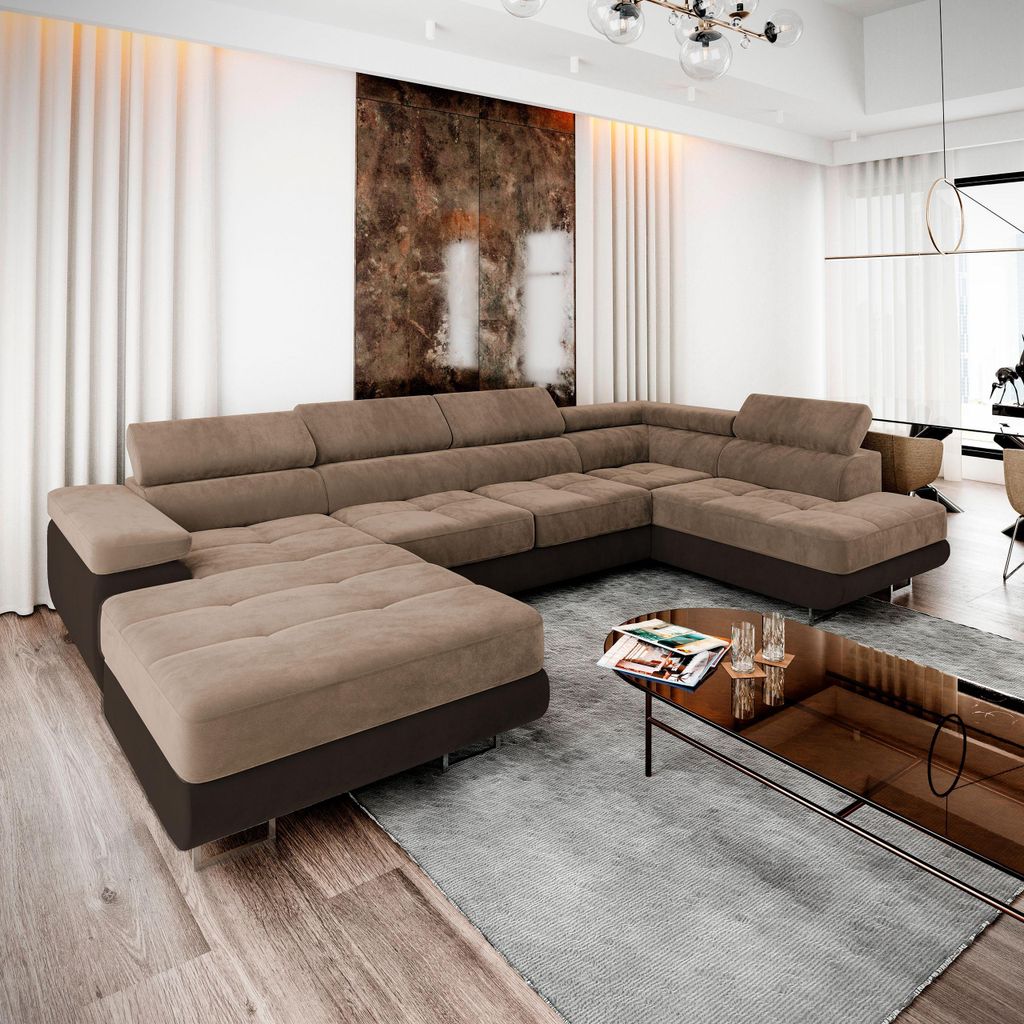 Masseno Ecksofa CASONE R-S mit Schlaffunktion U-Form, Sofa mit Bettkasten, Wohnzimmersofa, Couch, Soffa, Bettsofa, Couchgarnitur- Beige, MONOLITH 0...