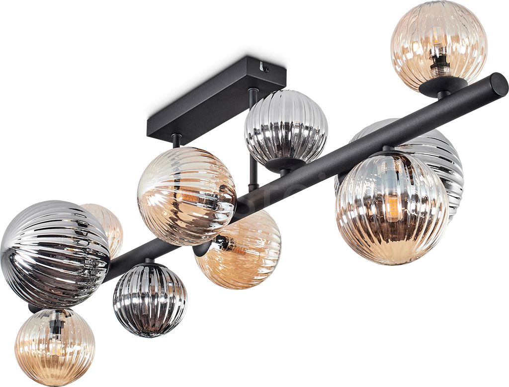 Isorella Deckenlampe aus Metall/Riffelglas in Schwarz/Bernstein/Rauchfarben