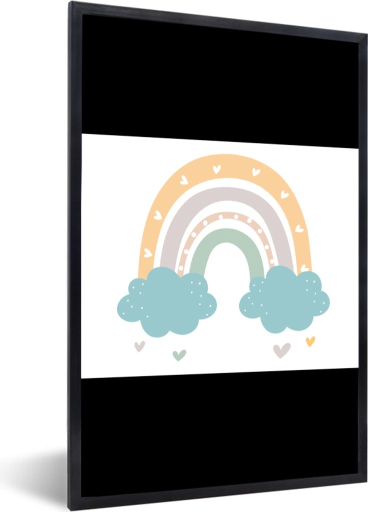MuchoWow Gerahmtes Poster Regenbogen - Herzen - Wolken - Punkte - Pastell - Kinder 80x60 cm - Poster mit Schwarzem Bilderrahmen Wandposter Rahmen...