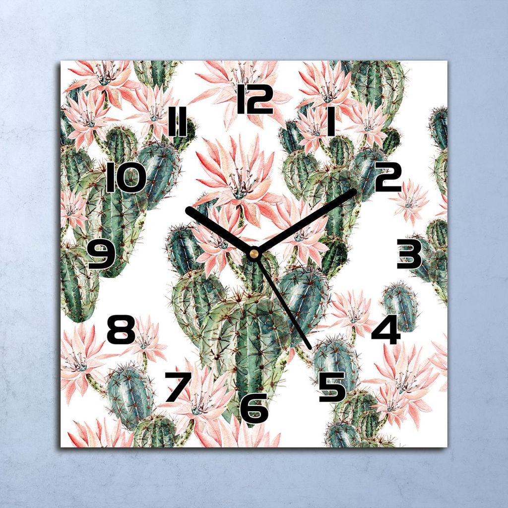 Wanduhr Echt-Glas-Küchenuhr Opuntie Kaktusblüte Quarz 30x30 Deko Bilder
