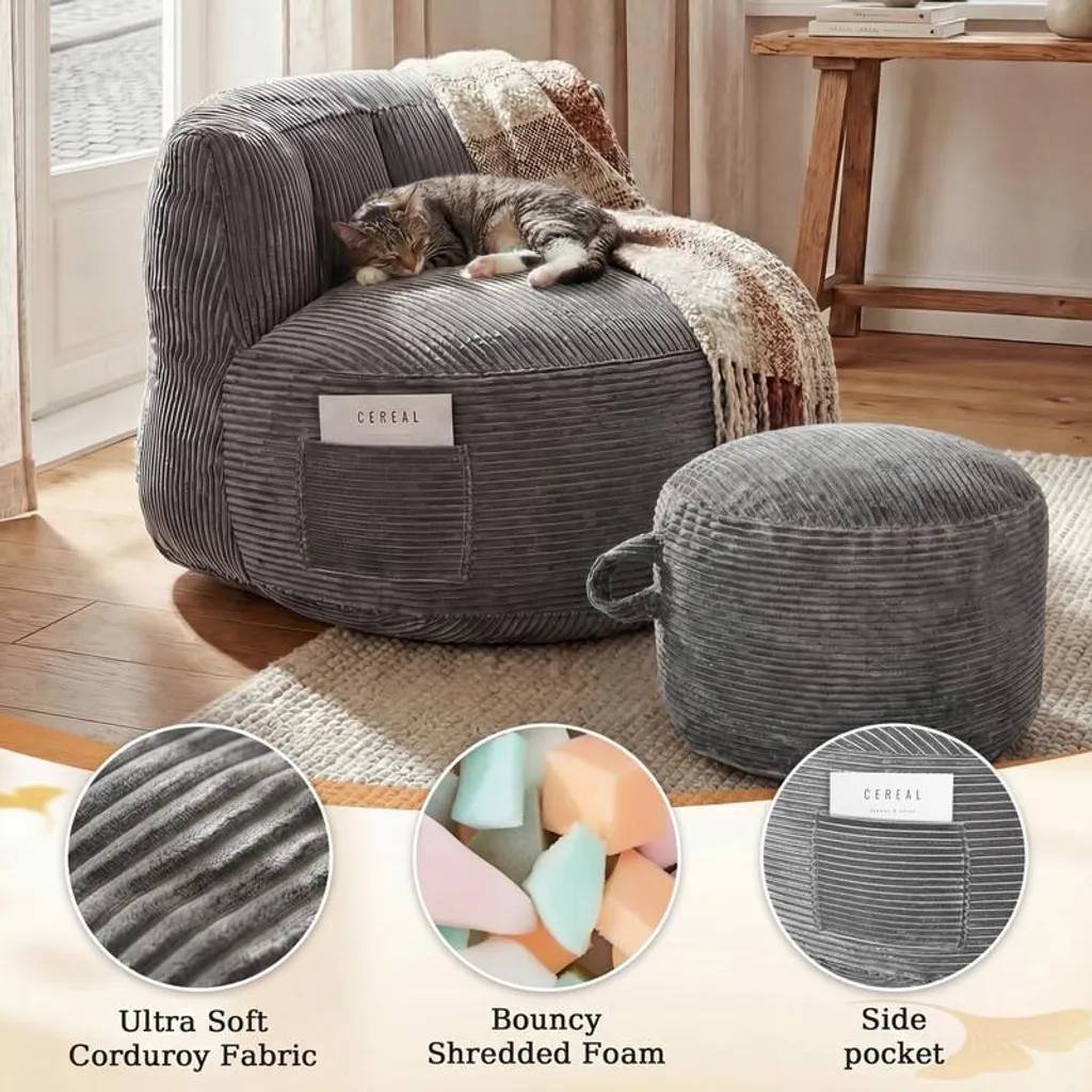 Fauteuil de chambre confortable gris en flanelle avec pouf rond de repos - 4