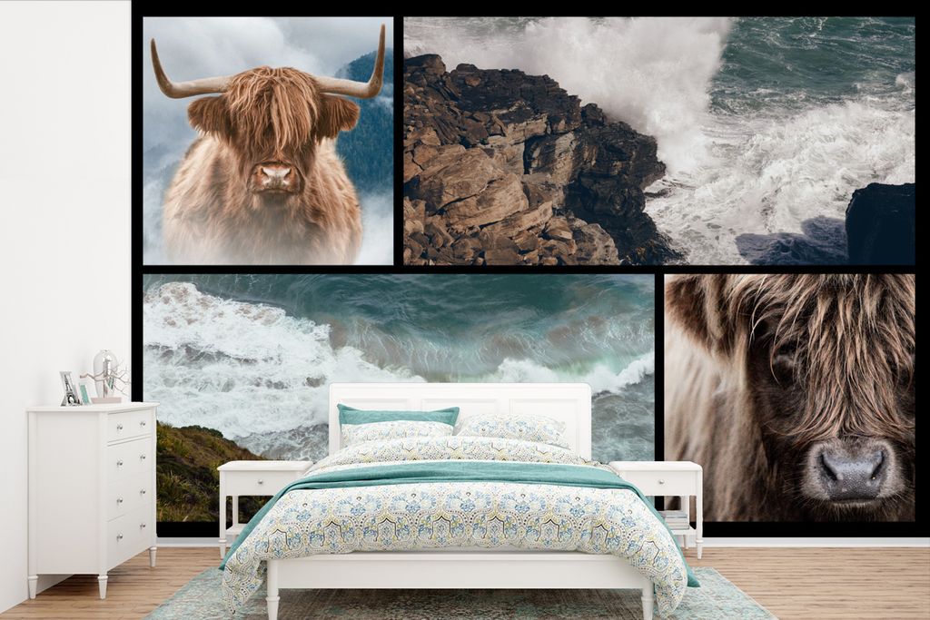 MuchoWow Fototapete für Wohnzimmer oder Schlafzimmer Wandtapete Vinyl Motivtapete Schottischer Highlander - Collage - Steine - Meer - 390x260 cm...