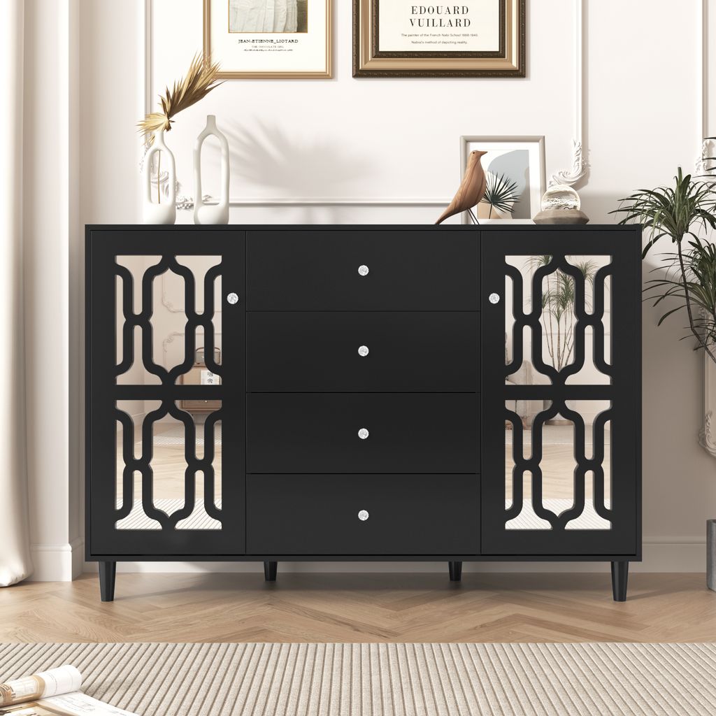 Anrichte Schwarz verspiegelte Anrichte mit kühlen Kristallgriffen, für Wohn- und Esszimmer, 147,5 x 40 x 102cm