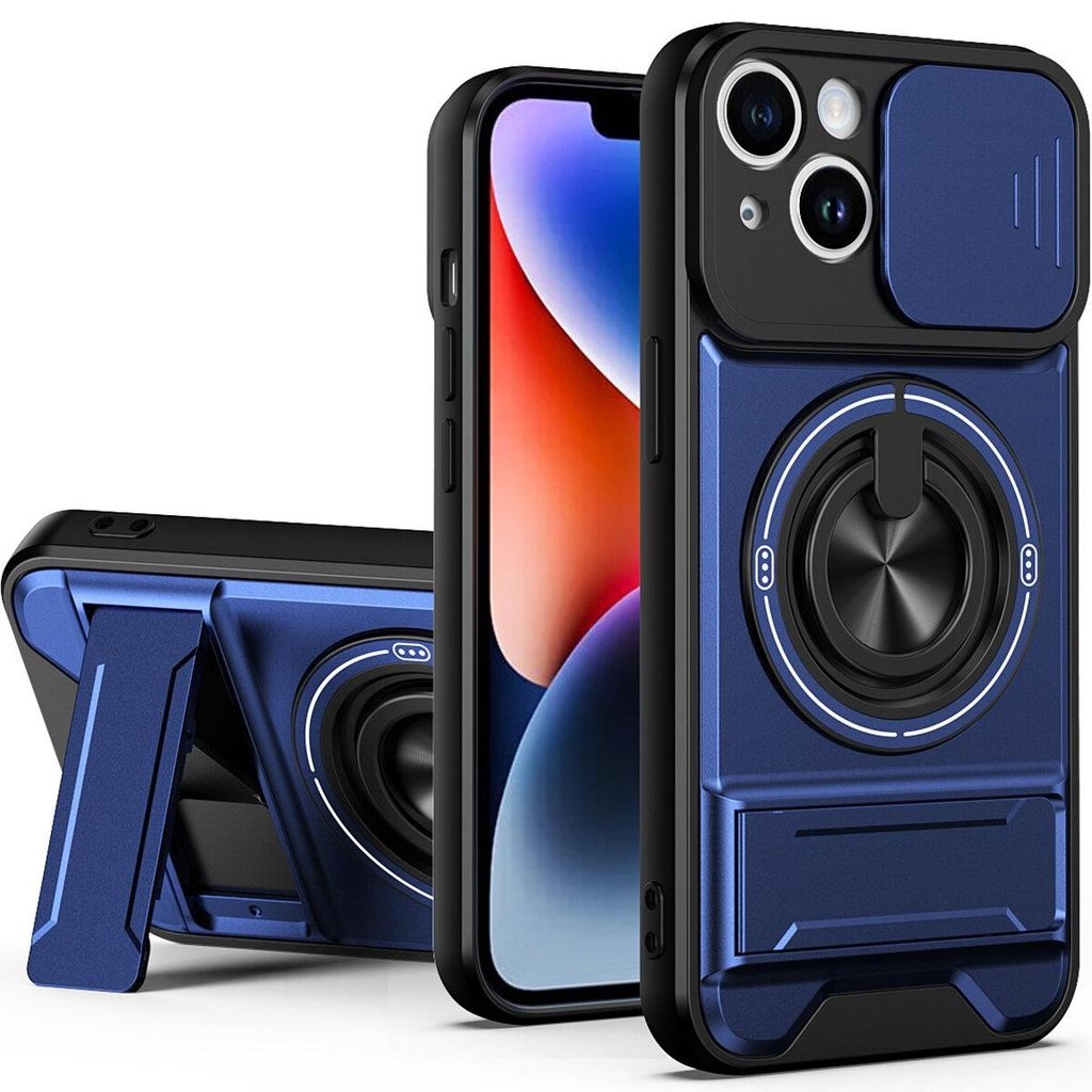 Magnetisch Hülle für iPhone 14 Militär Stoßfest Hülle mit Dia Kameraschutz und Ringhalter Ständer Blau