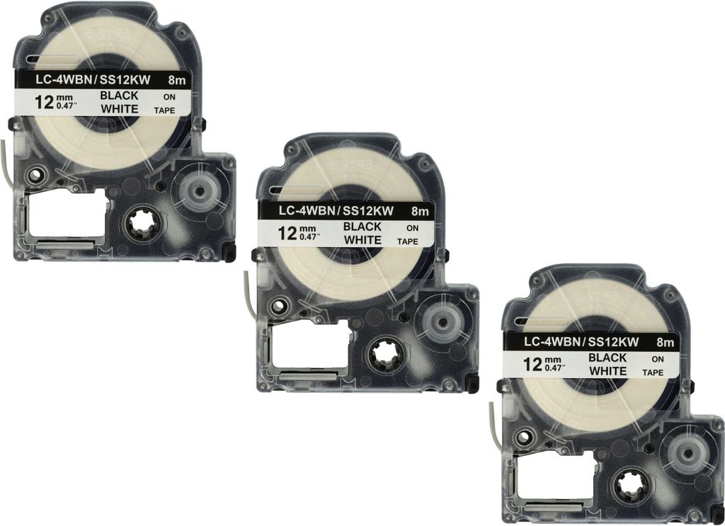 vhbw 3x Schriftband-Kassette kompatibel mit Epson Prifia OK300, OK500P, OK200, OK900P, OK720 Etiketten-Drucker 8m x 12mm Schwarz auf Weiß