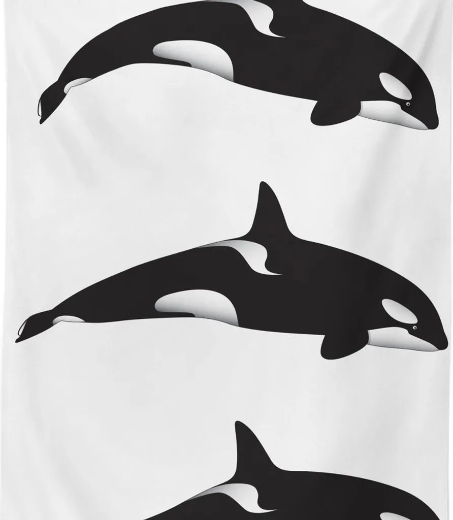 ABAKUHAUS Tovaglia con animali marini, tre orche assassine, diverse illustrazioni in bianco e nero, 140 x 240 cm, bianco e nero