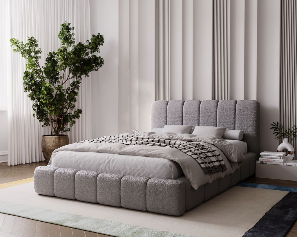 Polsterbett 160x200 Milan - Doppelbett mit Bettkasten, Bett mit Kopfteil - Boucle, Hellgrau