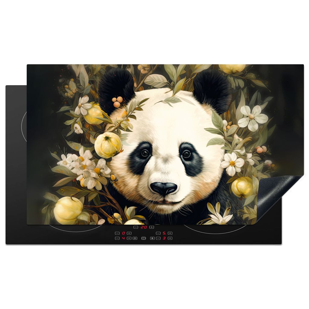 KitchenYeah Herdabdeckplatte Panda - Pandabär - Wildtiere - Blumen , 90x52cm, Küche Deko, Glaskeramikkochfeld Herdabdeckung, Abdeckplatte fùr ...