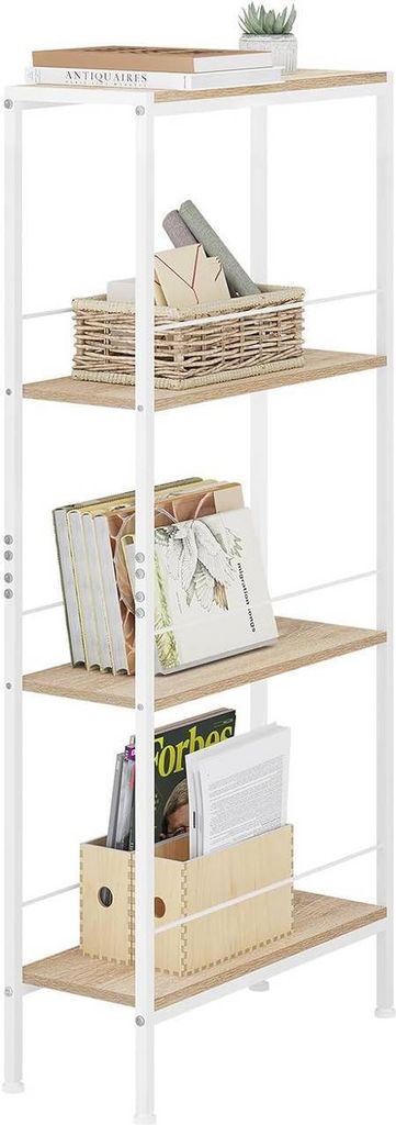 A white and light brown shelving unit with various items on its shelves.