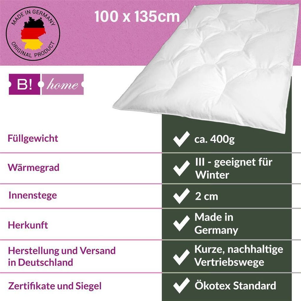 Bettdecke B!HOME mit 100% Daunen : Winter : 100 x 135 cm Produktbild 2