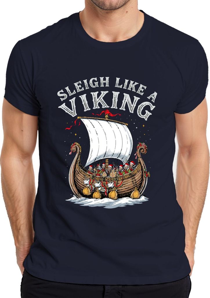 Sleigh Like A Viking Wikinger Schiff Weihnachten lustig Retro Herren T-Shirt, Navy, L