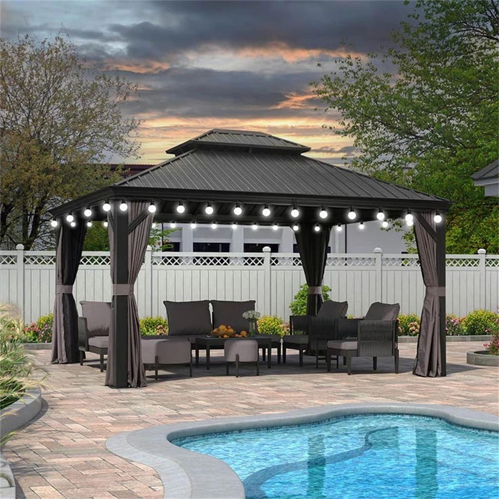 PURPLE LEAF Hardtop Pavillon 3.65x4.25m wasserdicht winterfest und stabil für den Garten,Grau,mit Beleuchtung