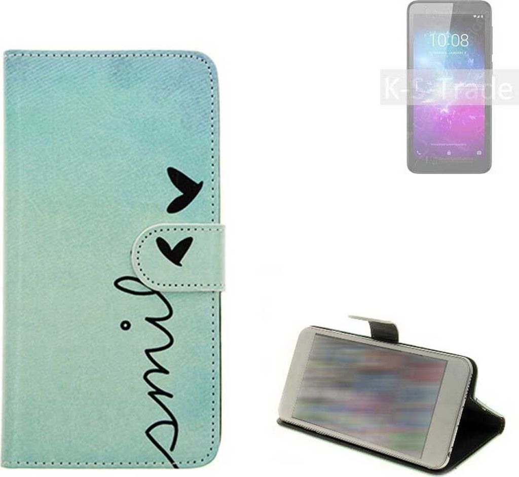 K-S-Trade Schutz Hülle Handy Hülle kompatibel mit ZTE Blade L8 Hülle Handyhülle cover bookstyle Etui Handyhülle ''smile'' türkis Standfunktion