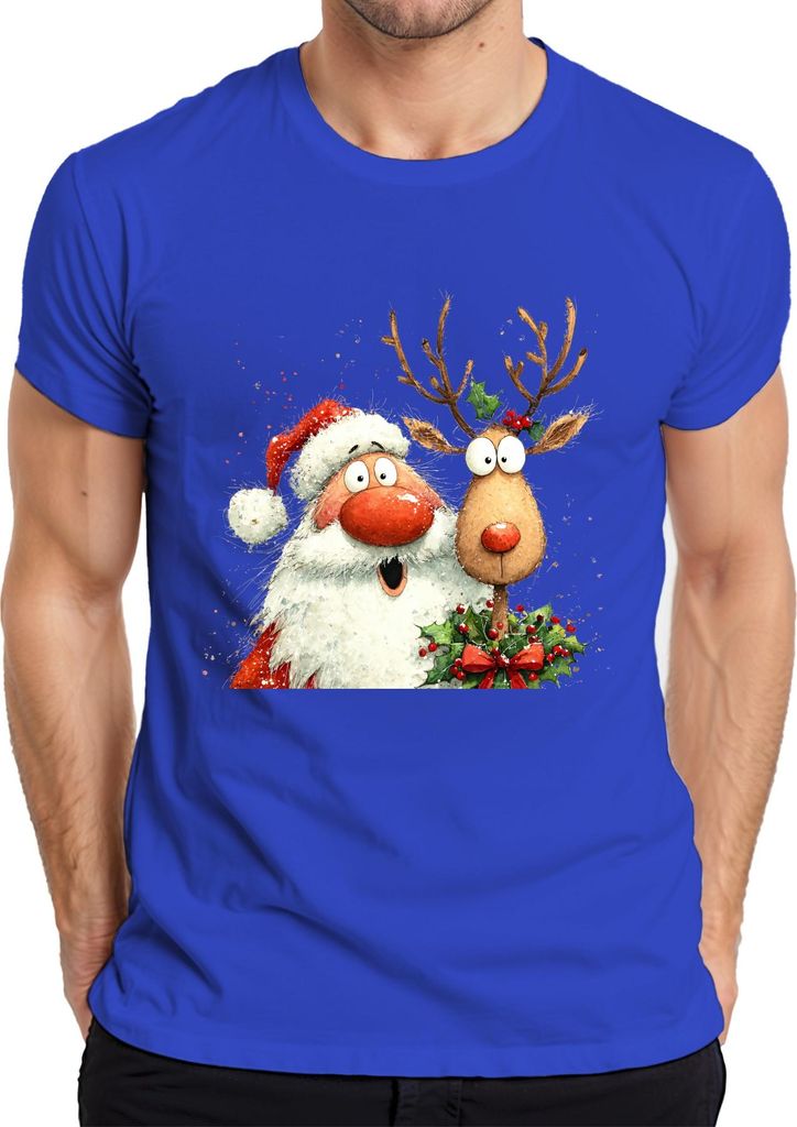 Weihnachtsmann Rentier lustig Aquarell Weihnachten Geschenk Retro Herren T-Shirt, Blau, M