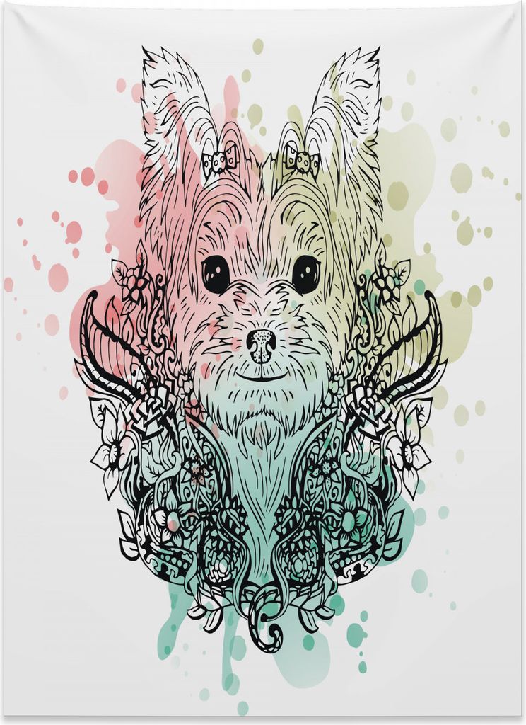 Abakuhaus Yorkie Wandteppich, Süße Hund Sketch Blumen aus Weiches Mikrofaser Stoff Kein Verblassen Klare Farben Waschbar, 110 x 150 cm, Weiß Sch...