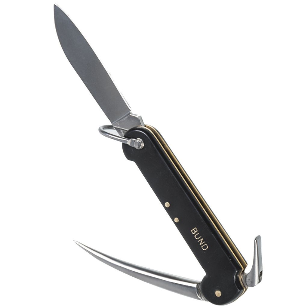 A multi-tool knife with a blade, a hook, and a spike.