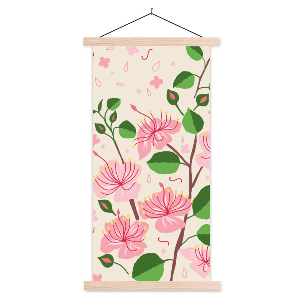 MuchoWow Textilposter Blume - Rosa - Blatt - Muster 40x80 cm mit holzfarbenen Rahmen - Wohnzimmer