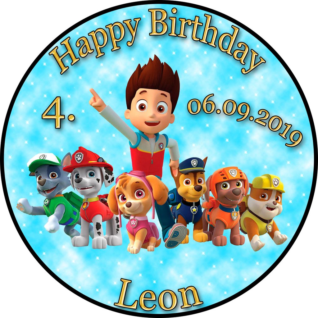 Tortenaufleger Fototorte Tortenbild Kindergeburtstag Paw Patrol PP02 (Zuckerpapier) Rund 14 cm Ø ohne Banner & Foto Türkis