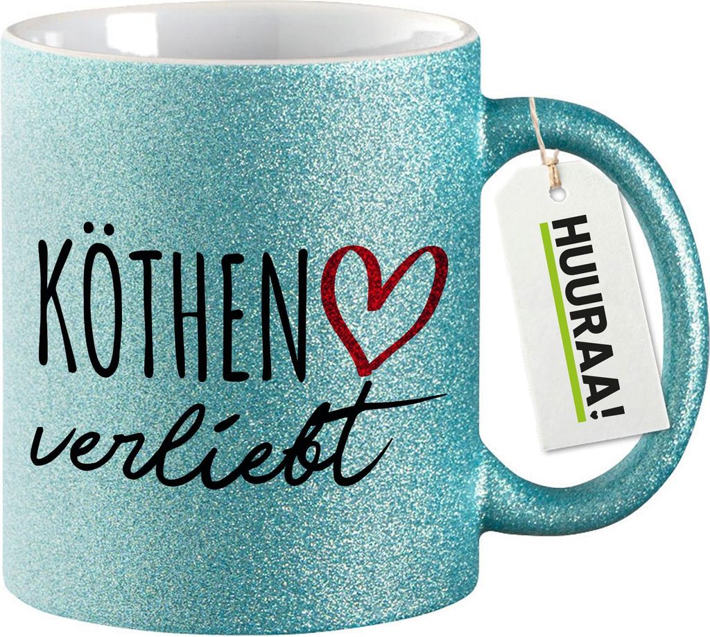 Huuraa Glitzertasse Köthen Anhalt verliebt 330ml Blau Keramik Kaffeebecher Geschenkidee