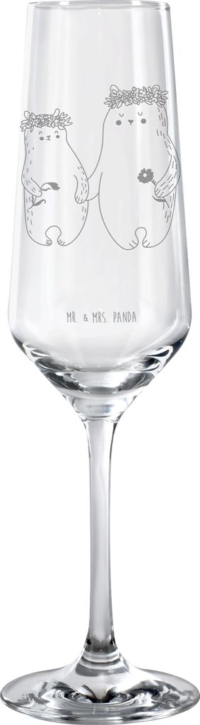 Mr. & Mrs. Panda Glas Bären mit Blumenkranz - Transparent - Geschenk, Bruder, Sektkelch, Bär, Tochter, Mami, Champagnerglas, Family, Sektflöte, ...